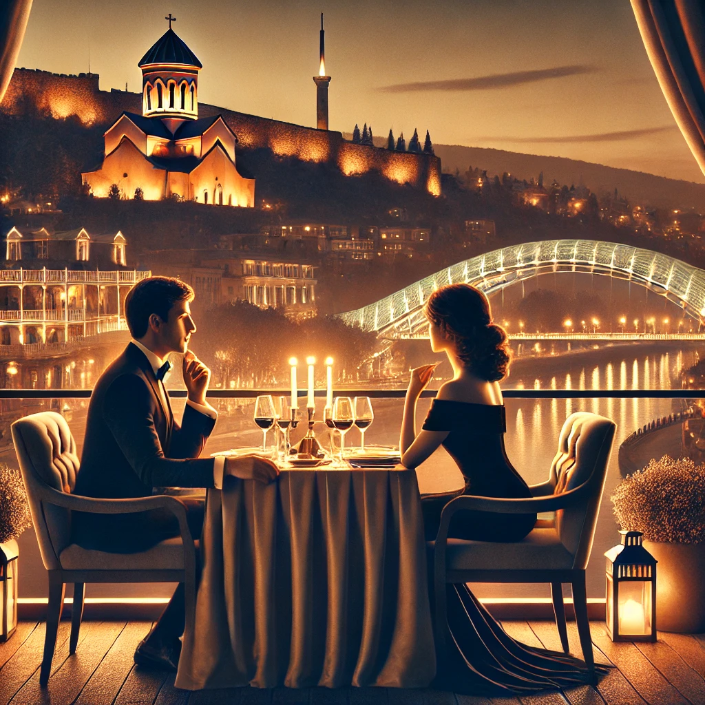 A romantic nighttime scene in Tbilisi, Georgia, with the illuminated Peace Bridge and Narikala Fortress in the background. In the foreground, a well-dressed couple is seated at a luxurious, candlelit table on a terrace overlooking the city.